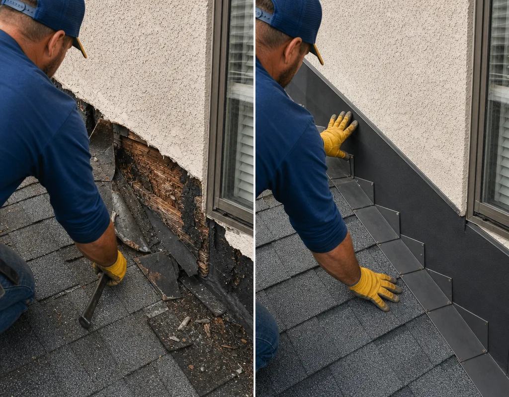 Before-and-after roof-to-wall flashing replacement with new underlayment