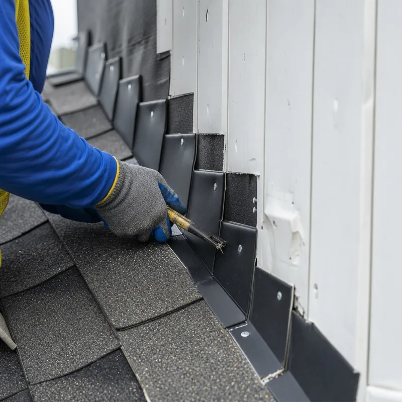 Properly installed step flashing and underlayment at a roof-to-wall transition