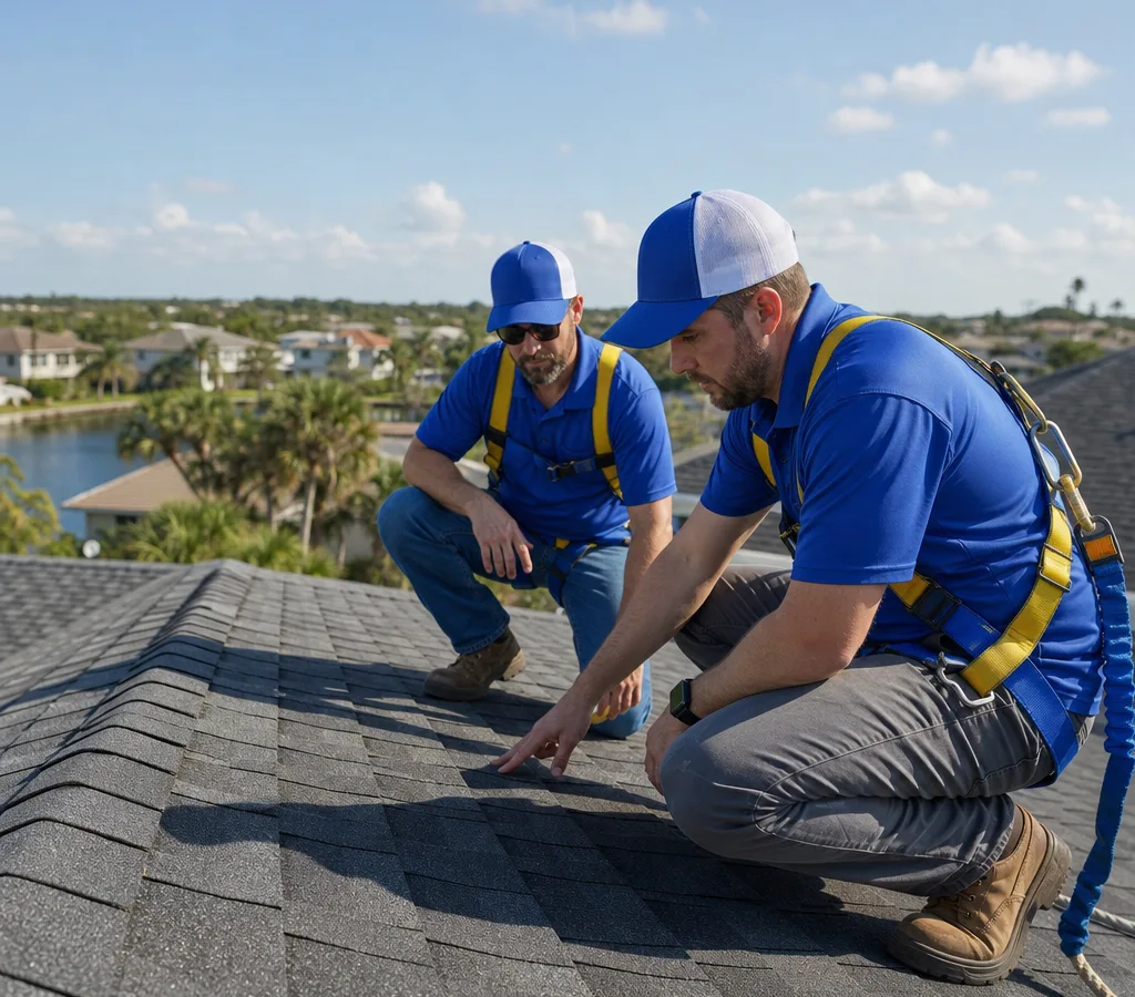 Jacksonville roofing crew performing a residential roof inspection with visible safety harnesses