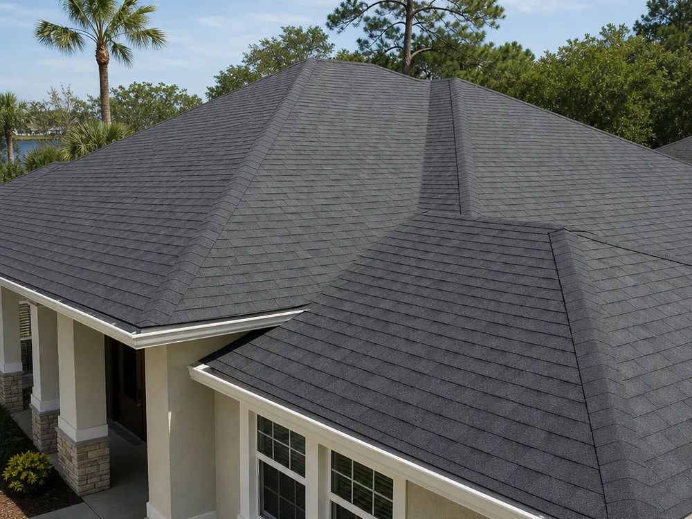 Finished architectural shingle roof on a Jacksonville home with clean ridge lines