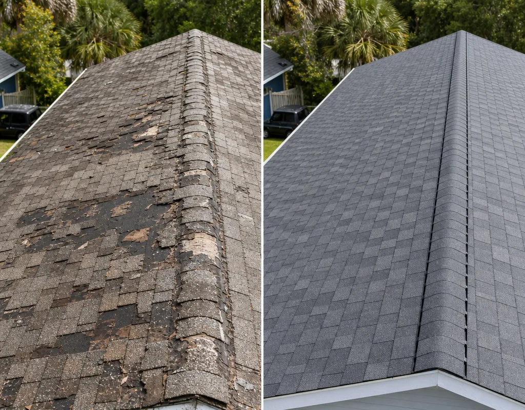Worn asphalt shingle roof compared with the same roof after replacement with new drip edge