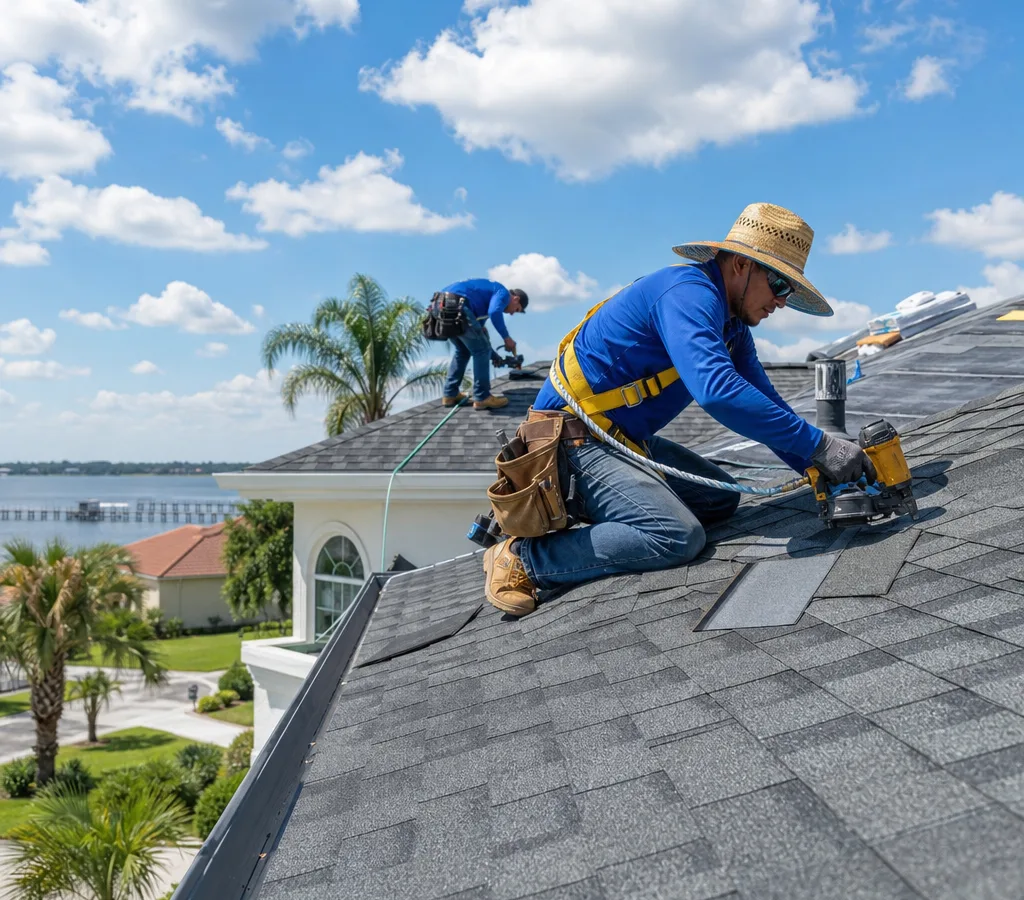 Residential roofing crew installing asphalt shingles on a Jacksonville home with proper safety gear