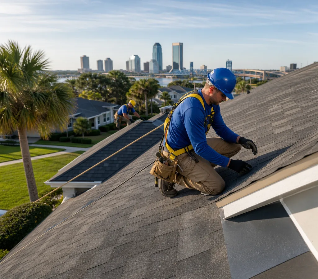 Roofing crew inspecting shingle roof planes and flashing on a Jacksonville home while wearing safety gear