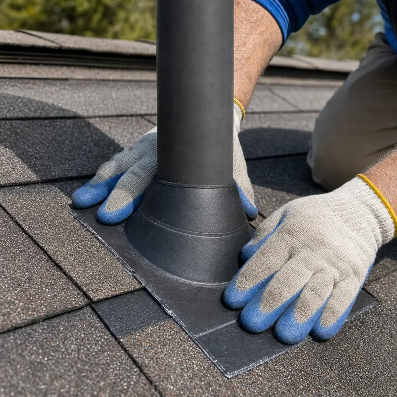 Close-up of new pipe boot flashing with properly lapped shingles and sealed penetration details