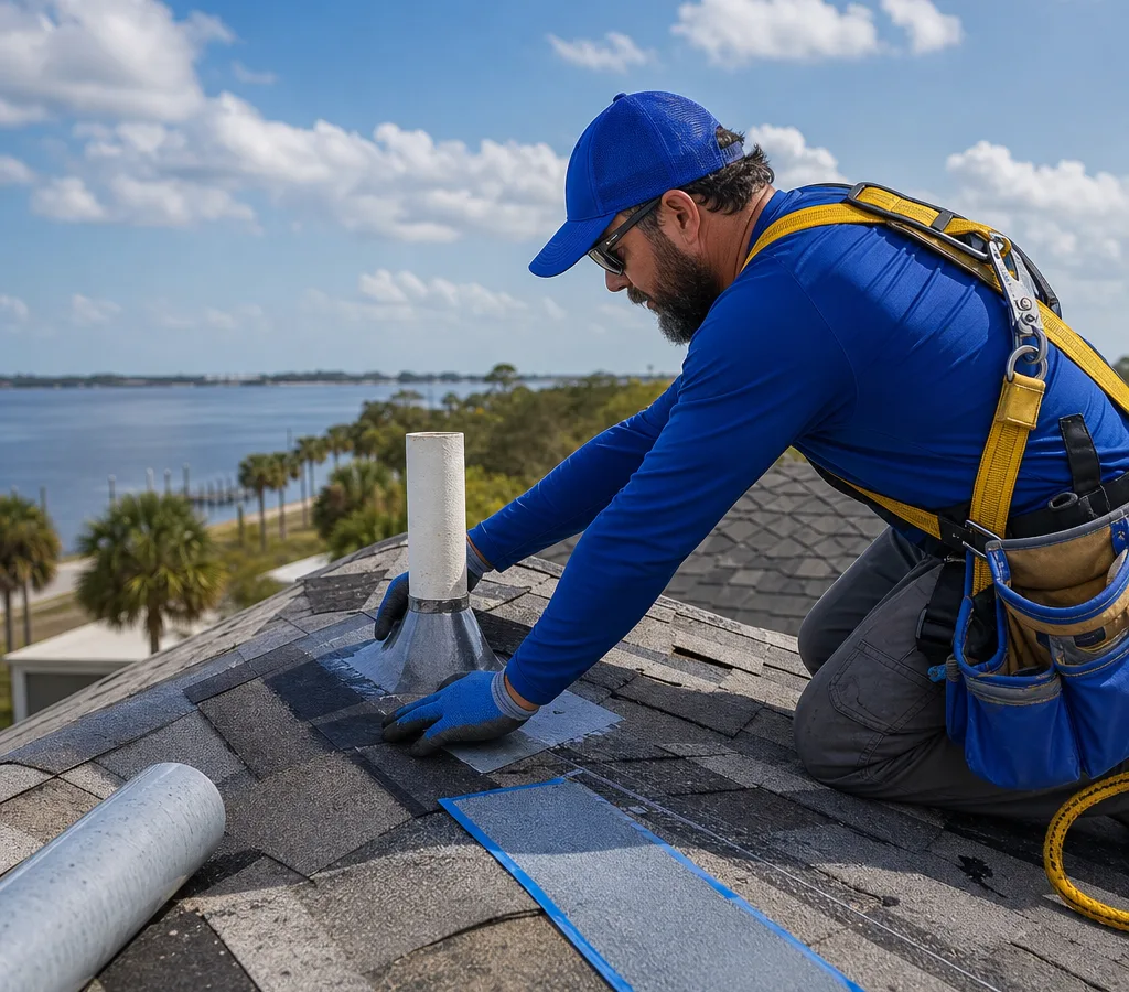 Roofing technician repairing vent flashing on a Jacksonville home with patch materials and safety gear visible