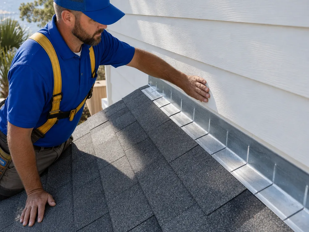 Completed roof-to-wall repair with step flashing, counterflashing, and clean shingle integration