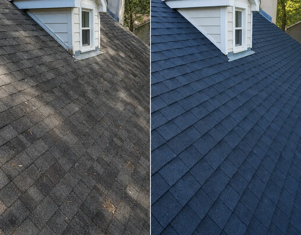 Before-and-after comparison of an older stained roof and the completed replacement with new flashing