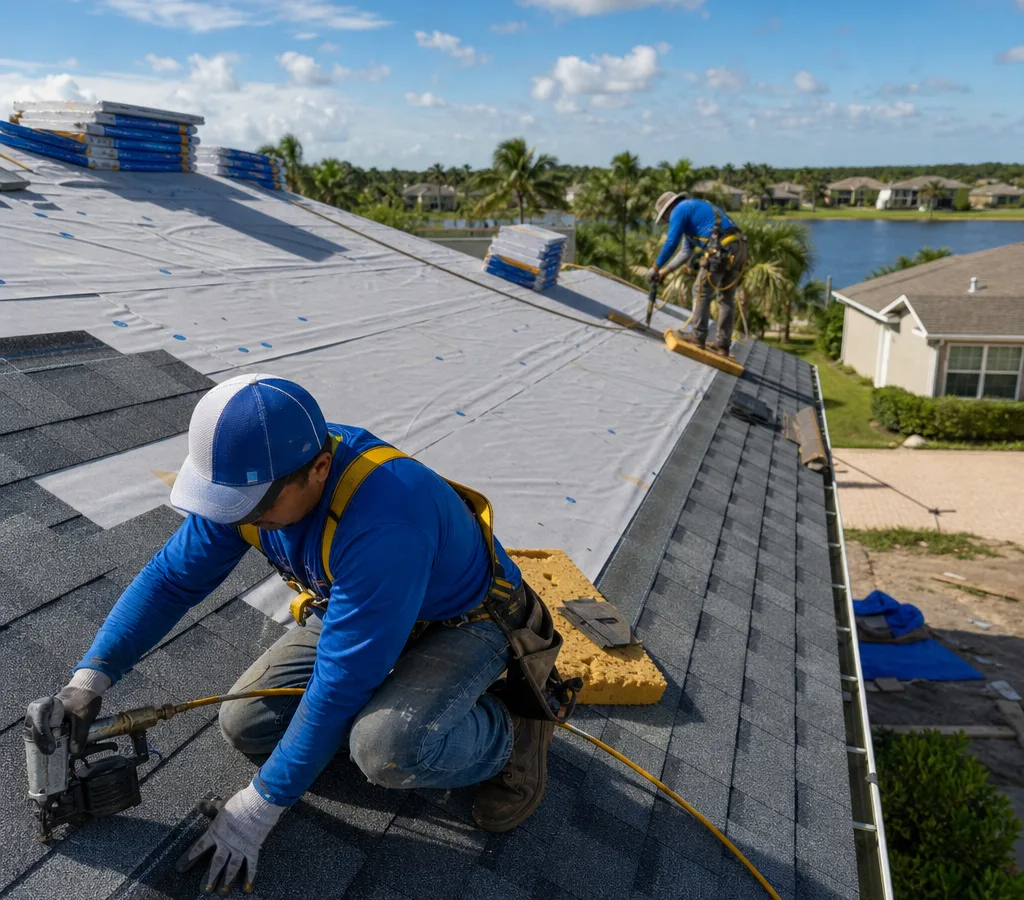 Jacksonville crew installing asphalt shingles with underlayment visible and a tidy staged work area