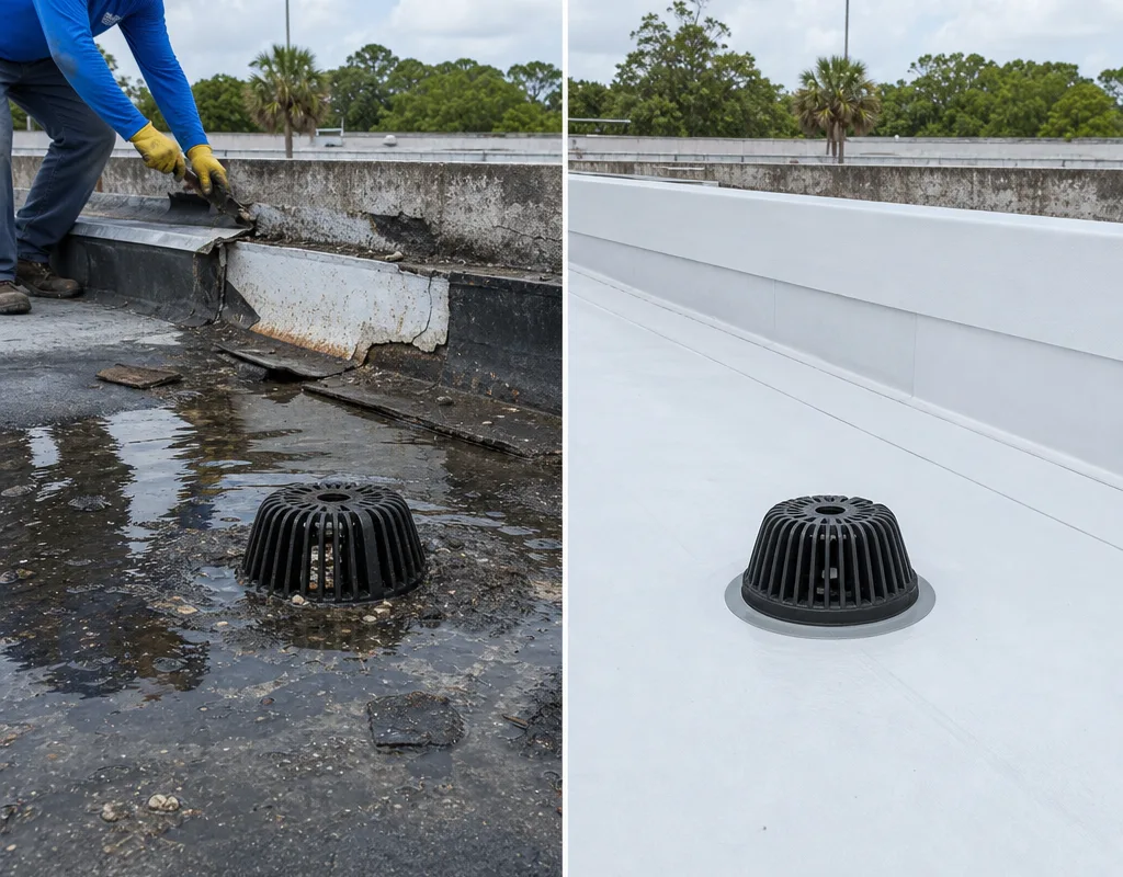 Before and after commercial roof drain showing corrected flashing and a clear drainage path