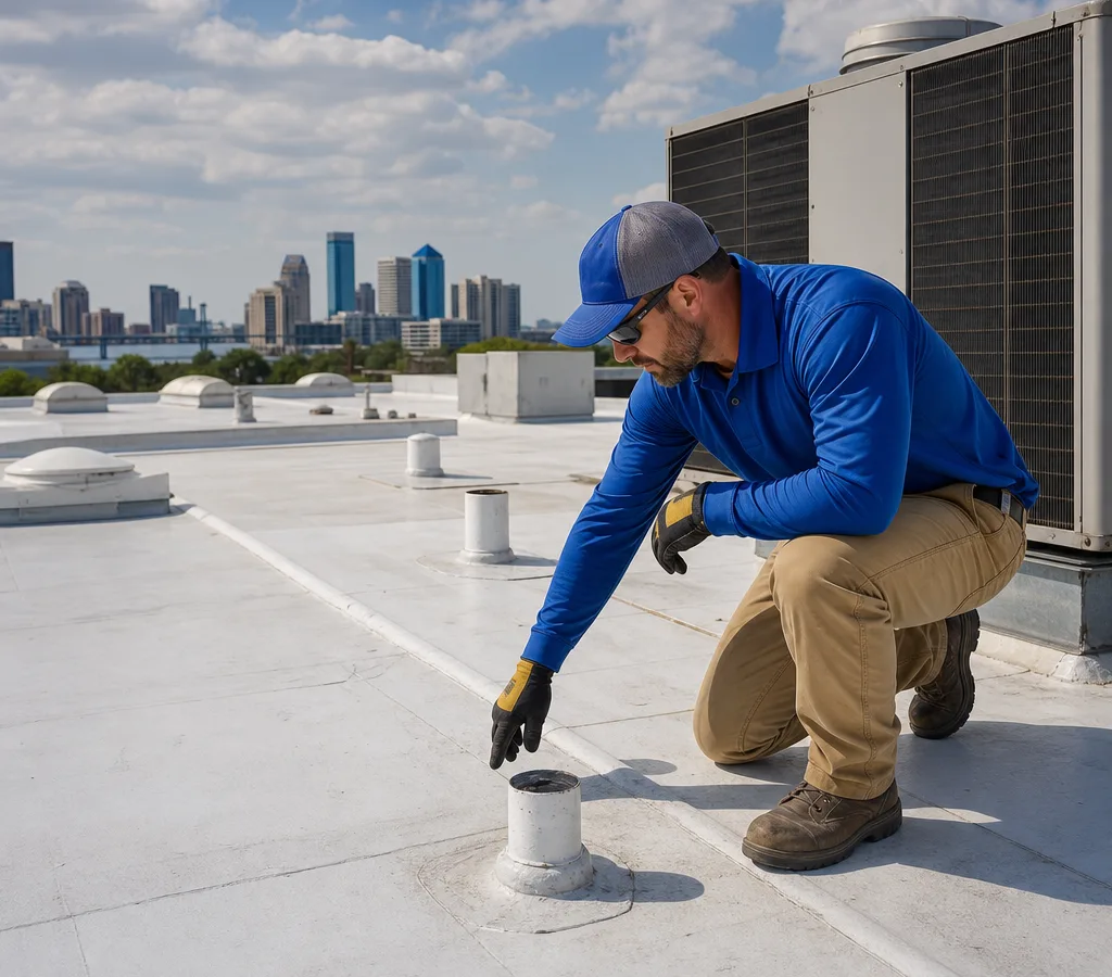 Commercial roofer inspecting membrane seams and rooftop penetrations near HVAC units on a Jacksonville flat roof