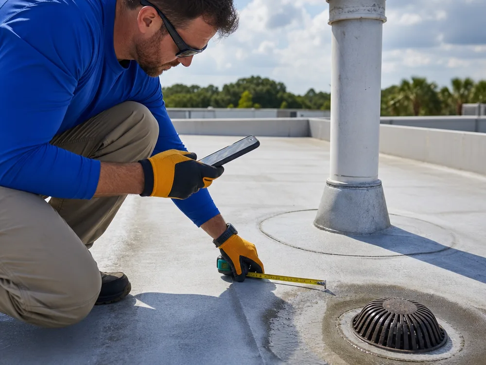 Technician measuring and photographing commercial roof penetration flashing and membrane welds near a roof drain