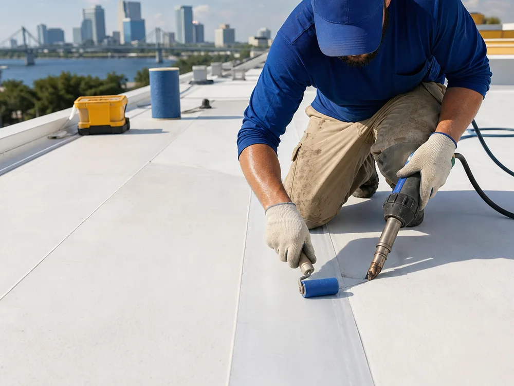 TPO membrane repair in progress with a heat-welded patch, tools, and roller at an open seam
