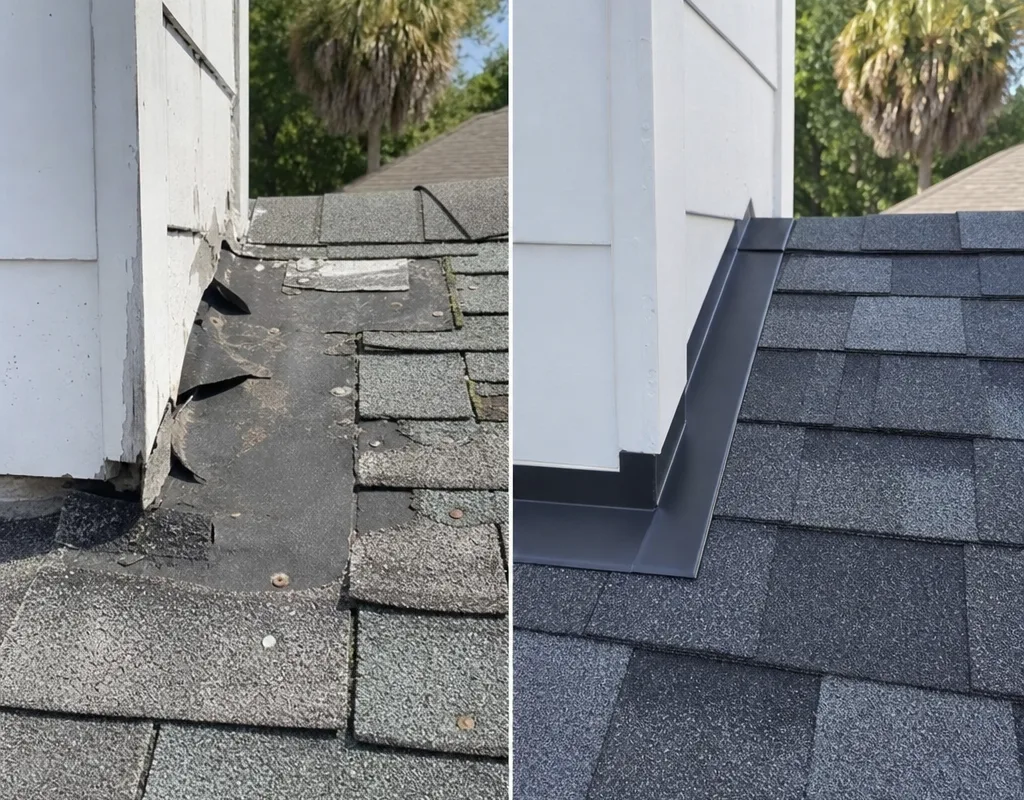 Before and after comparison of worn shingles and failing flashing corrected with new shingles and properly installed flashing