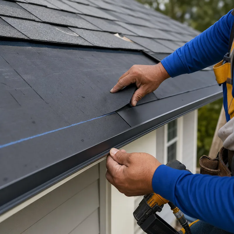 Installer sealing and fastening drip edge and underlayment at a roof eave with correct overlap