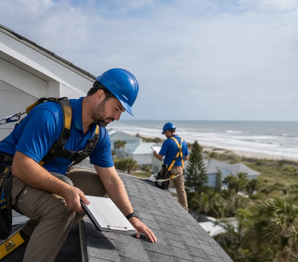 Roofing crew performing a detailed inspection on a Jacksonville Beach home using safety harnesses and inspection documentation