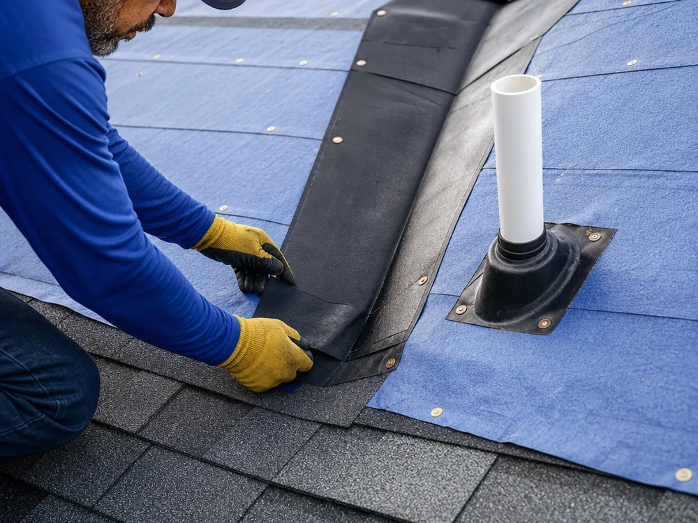 Correctly layered roof flashing and underlayment at a valley and pipe penetration for coastal wind-driven rain