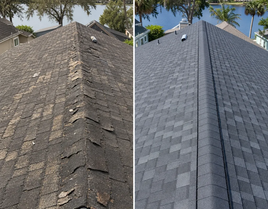 Before-and-after Jacksonville roof replacement with worn shingles replaced by architectural shingles and clean ridge caps