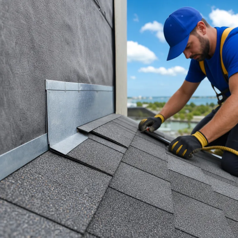 Properly installed step flashing with visible underlayment and correctly lapped shingles at a Jacksonville roof-to-wall intersection