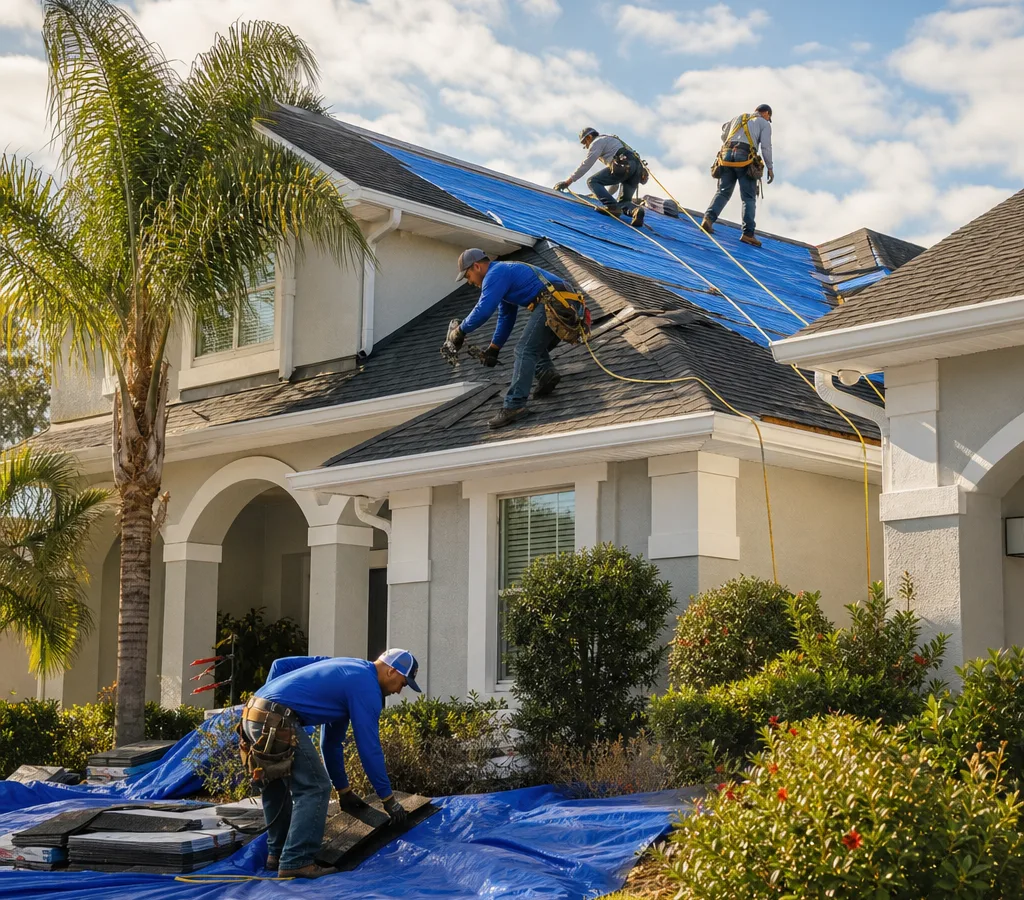 Residential roofing crew installing asphalt shingles on a Jacksonville home with fall protection and landscaping tarps