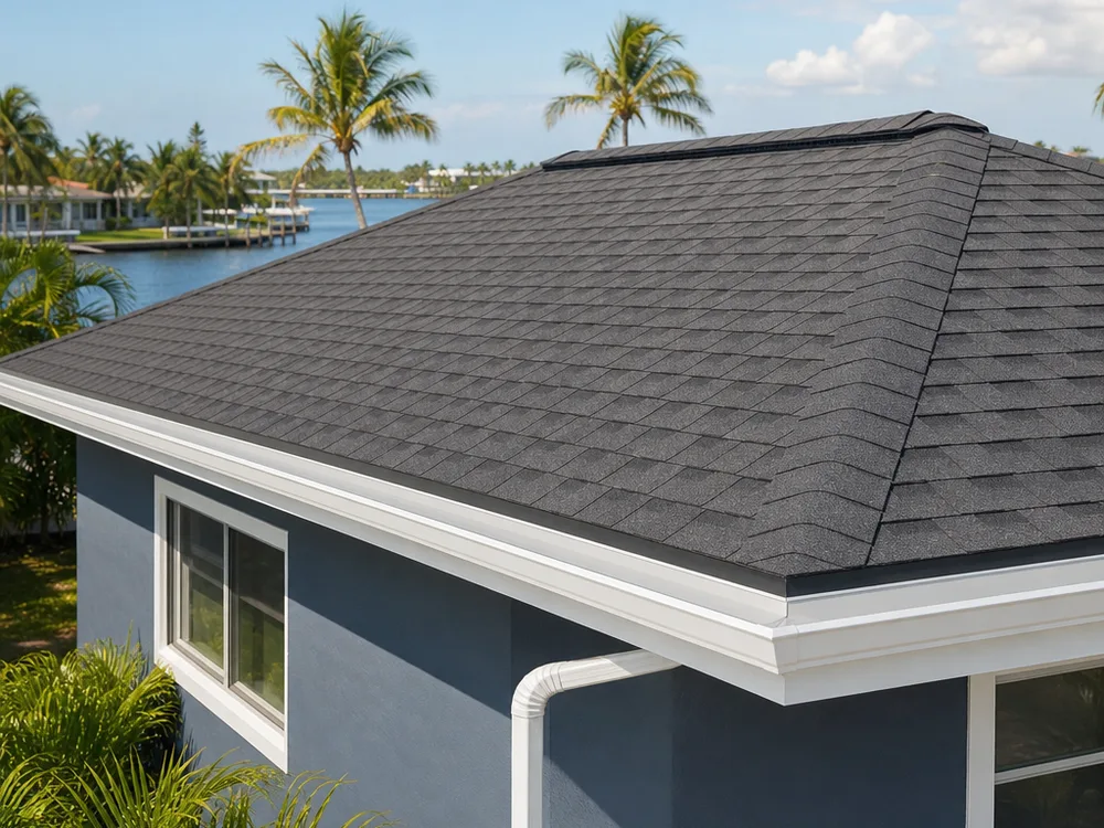 Finished Jacksonville home roofline with straight shingle courses, aligned drip edge, and ridge ventilation