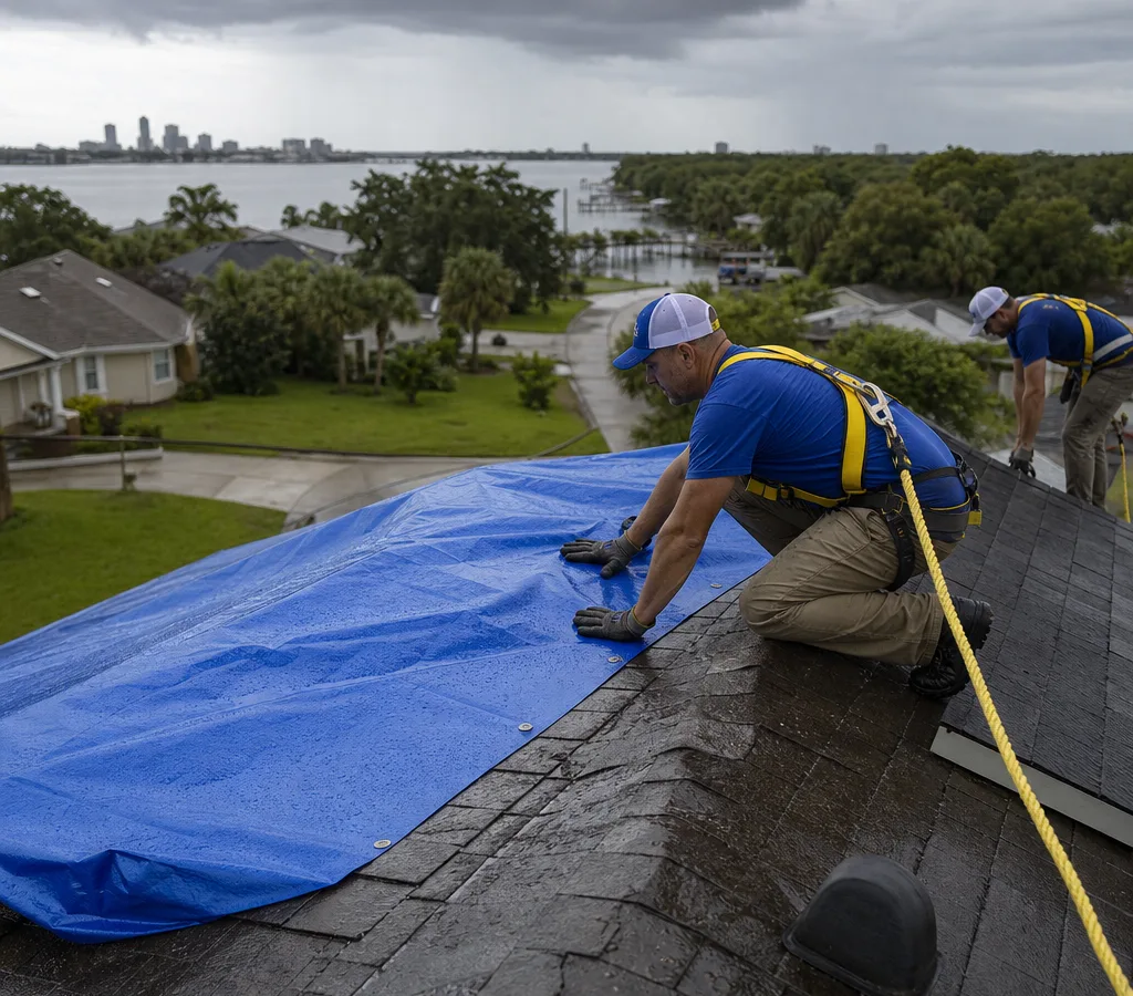 Jacksonville roofing crew installing an emergency tarp and sealing a residential roof leak after heavy rain