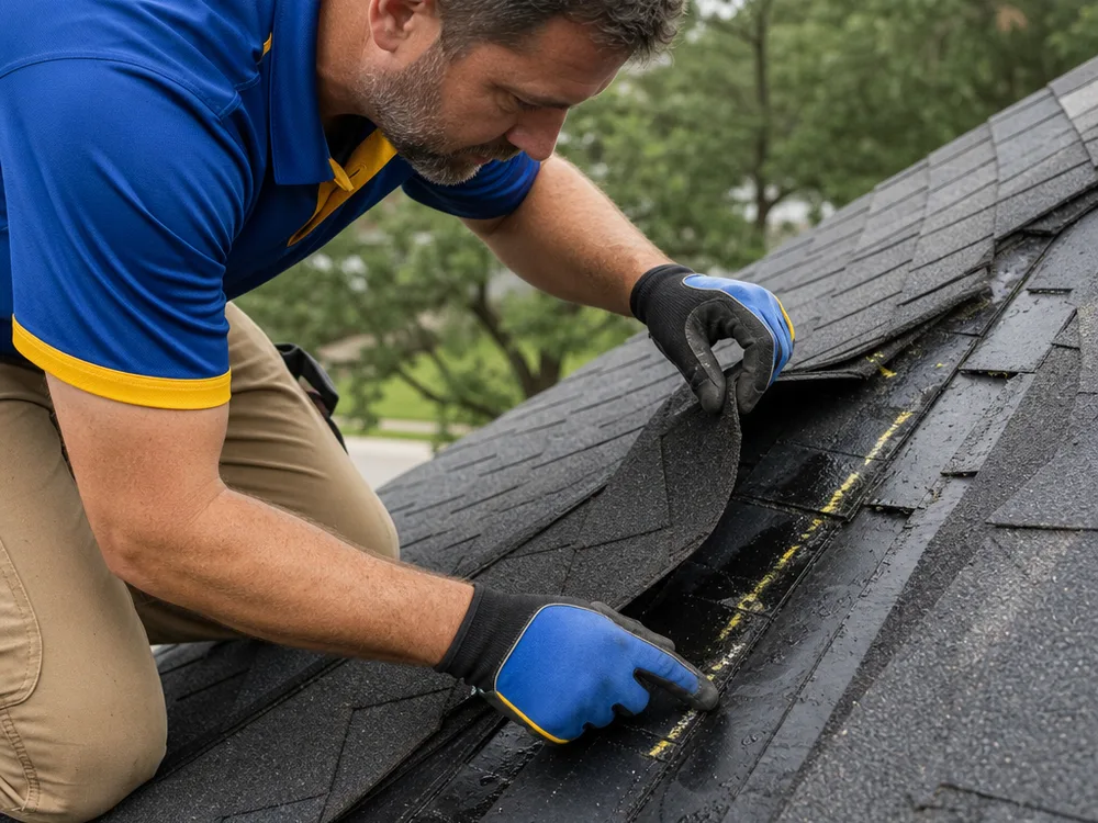 Technician inspecting a wet roof valley and flashing area for a puncture and lifted shingle tabs