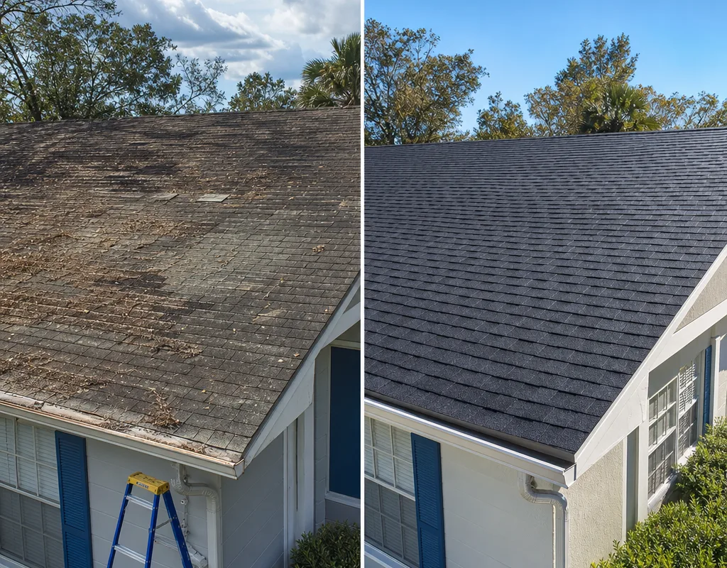 Before and after view of a Jacksonville home with its aging roof replaced by architectural shingles and new drip edge