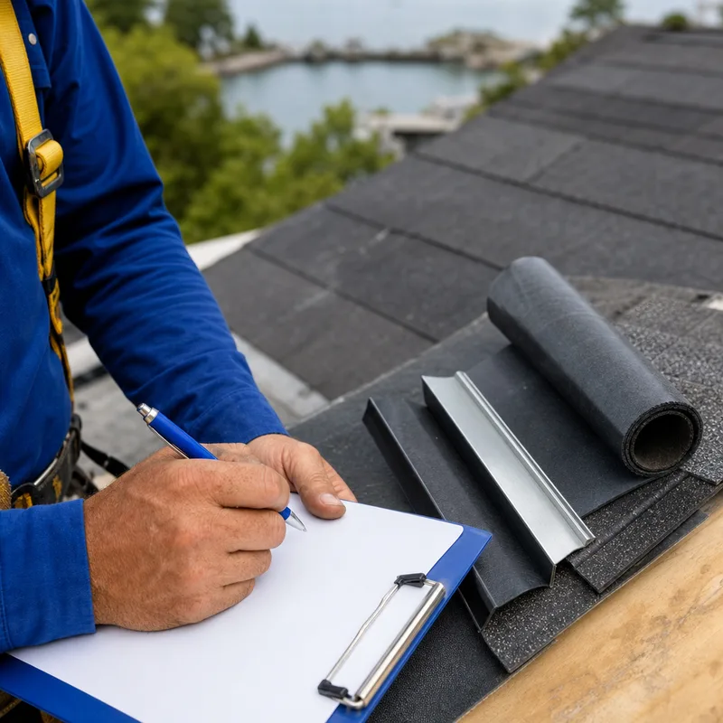 Roof scope checklist beside labeled underlayment, drip edge, and architectural shingle samples