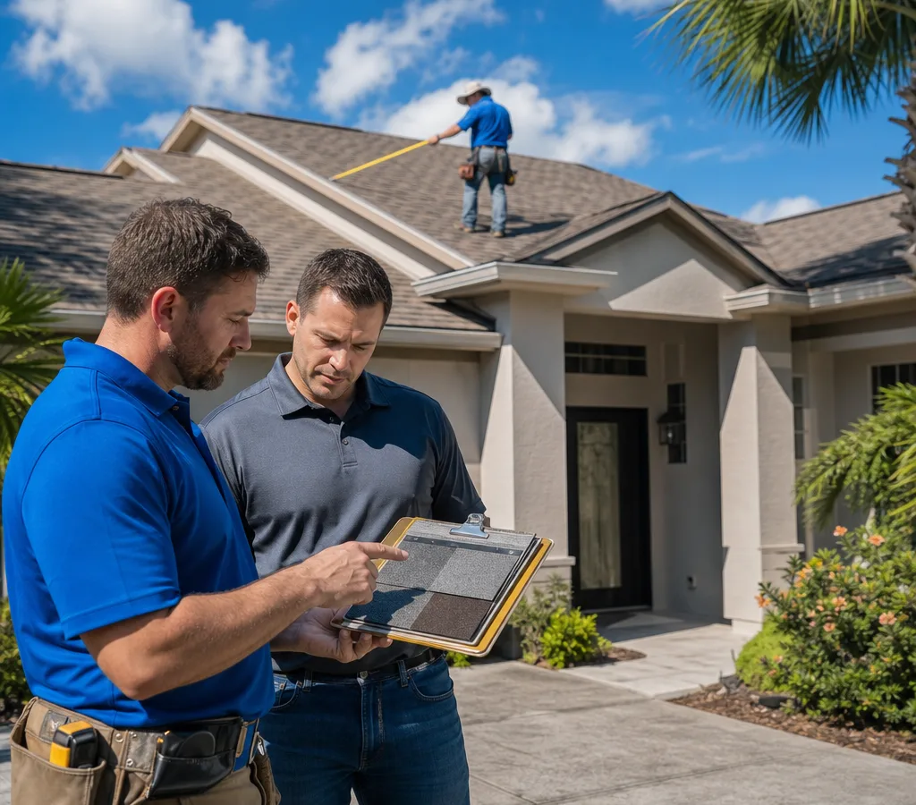 Jacksonville roofing crew measuring a home's roof and reviewing shingle samples for an estimate