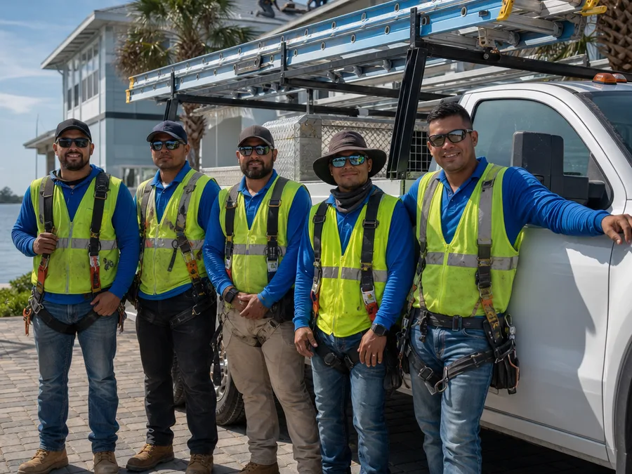 Roofing crew in safety vests beside a service truck at a Jacksonville jobsite with ladders and fall protection visible